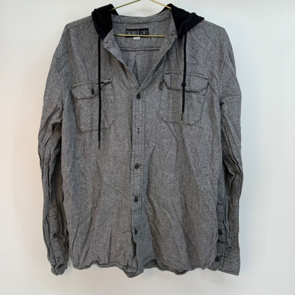 Caliville Mens Gray Herringbone Hooded Long Sleeve‎ Button Up Shirt Size M